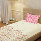 100% Cotton Bedsheet For Single Bed With 1 Pillow Cover, (Size 58 X 90 Inches) Cream & Pink | Soft And Comfortable For All Season | 200 Thread Count