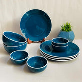 Retro Green Handcrafted Ceramic Dinner Set - 10 Pieces | 4 Dinner Plates + 4 Katori Bowls, 180ml Each+ 2 Serving Bowls, 800ml Each Dinnerware Set | Serving For 4, Microwave Safe