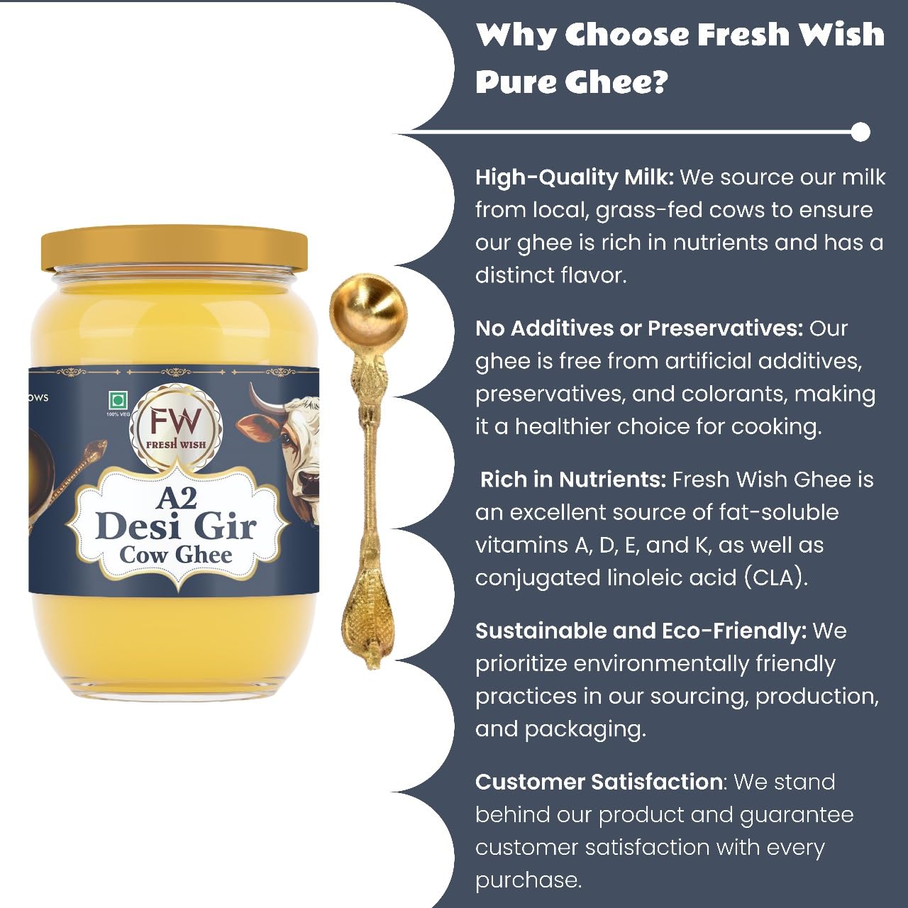 Natural Premium A2 Gir Cow Ghee By Fresh Wish | Naturally & Healthy Bilona Method Cow Ghee Good For Sweets | (500ml) 16.9 Ounce | Jar Pack Natural Premium A2 Gir Cow Ghee By Fresh Wish | Naturally & Healthy Bilona Method Cow Ghee Good For Sweets | (500ml) 16.9 Ounce | Jar Pack
