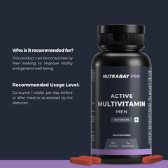 Nutrabay Pro Active Multivitamin For Men , 25 Vital Vitamins & Minerals With Zinc, Vitamin C, D, B12, & Multiminerals | Enhances Energy , Stamina & Immunity | 60 Tablets , 100gm 0.2lbs
