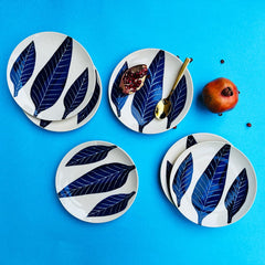 Patram Hand Painted Ceramic Quarter Plates Set Of 2, White & Blue | Small Side Plates For Dinner & Snacks - 7 Inch, 2 Pieces, Microwave Safe