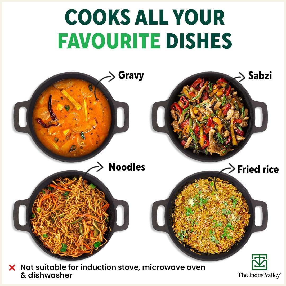 Pre-Seasoned Black Cast Iron Cookware Set + Free Iron Tadka Pan - Tawa 30.5cm + Kadai 25.4cm, 2.3 Liters | Kitchen Cooking Combo Pots & Pans Set Of 3 Pcs - Naturally Nonstick Pre-Seasoned Black Cast Iron Cookware Set + Free Iron Tadka Pan - Tawa 30.5cm + Kadai 25.4cm, 2.3 Liters | Kitchen Cooking Combo Pots & Pans Set Of 3 Pcs - Naturally Nonstick