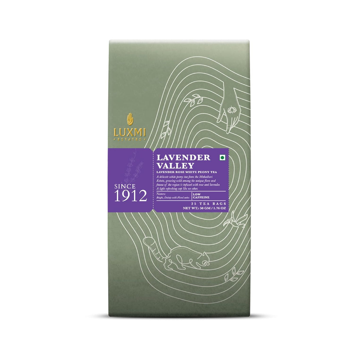 Luxmi Estates Lavender Valley Rose White Peony Tea Bags - 50gm, 1.7 Ounce, 25 Tea Bags | USDA Certified Organic White Tea - Low Caffeine Tea For Good Sleep | Rich In Antioxidants, Gluten Free