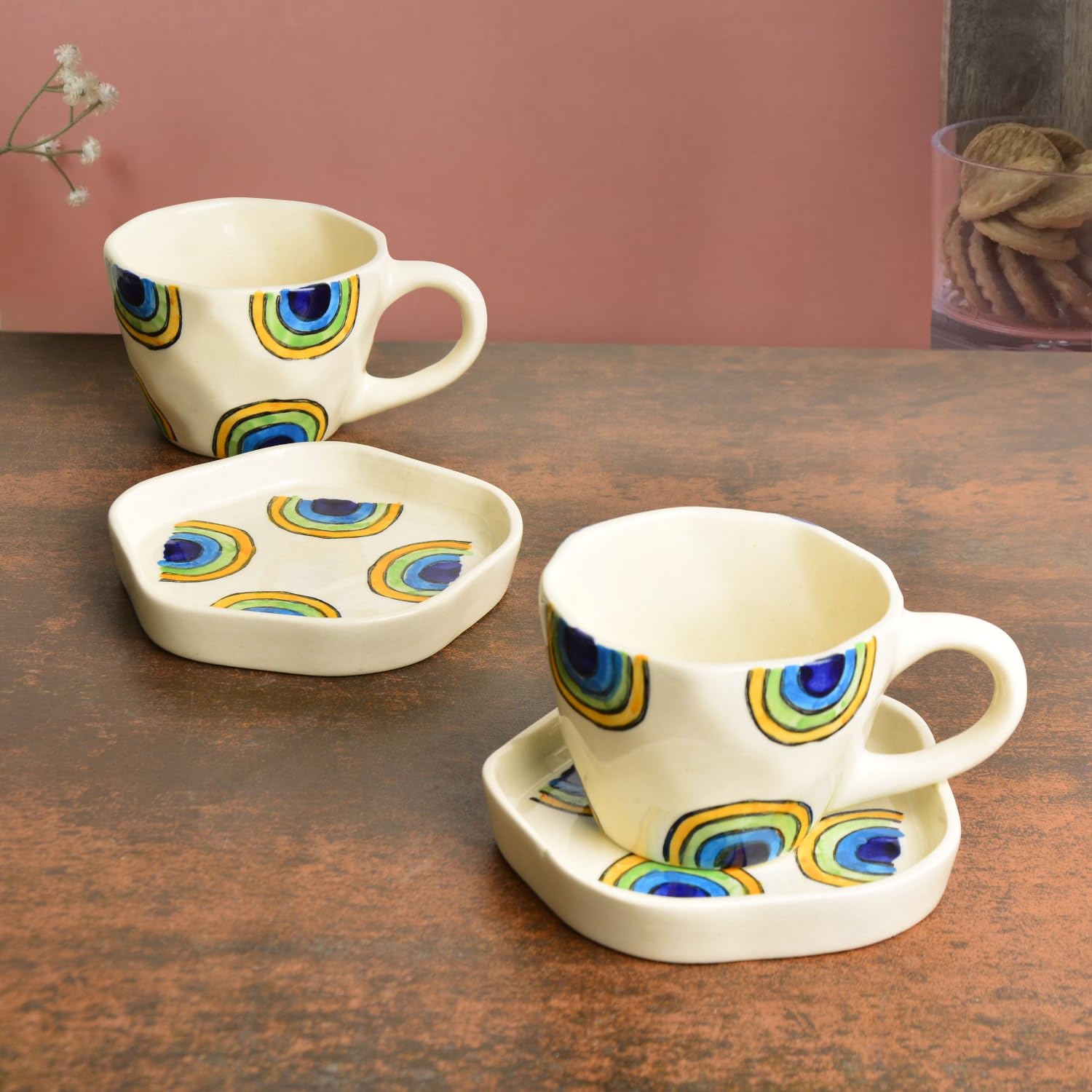 Hand Painted Ceramic Cup & Saucer Set Of 2 - Multicolor, 250ml Each | Microwave Safe Tea Cups & Mugs - Chai Cups Hand Painted Ceramic Cup & Saucer Set Of 2 - Multicolor, 250ml Each | Microwave Safe Tea Cups & Mugs - Chai Cups
