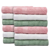 Mush Bamboo Face Towel Set 550 Gsm | Soft Absorbent Small Towels For Face & Hand | Set Of 12 - Green, Pink & White
