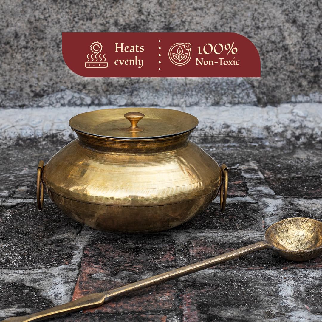 Brass Patili With Karchi, 3 Liters | Karchi - Golchi For Dinnerware & Cooking | Degchi In Brass - Handi For Cooking | Hammered And Polished Brass Patili With Karchi, 3 Liters | Karchi - Golchi For Dinnerware & Cooking | Degchi In Brass - Handi For Cooking | Hammered And Polished