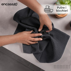 Encasa Xo Kitchen Dish Towels Set 420 Gsm | Waffle Weave & Flat Hand Tea Towel | Quick Drying Reusable Cotton Washcloths | Set Of 6 (Grey )