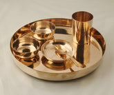 Golden Bronze Kansya Utensil Set Of 6 Pieces - Lotus Design Dinner Thali Set | 1 Dinner Plate+ 3 Bowls+ 1 Glass & 1 Spoon