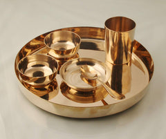 Golden Bronze Kansya Utensil Set Of 6 Pieces - Lotus Design Dinner Thali Set | 1 Dinner Plate+ 3 Bowls+ 1 Glass & 1 Spoon