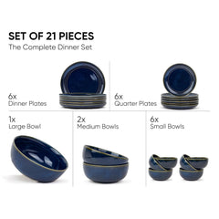 Ceramic Dinner Set Of 21 Pcs, Blue Green | Crockery Set, Dining Sets Crockery Items - 6 Dinner Plates+ 6 Quarter Plates+ 6 Veg Bowls, 180ml Each+ 2 Medium Bowls, 1000ml Each+ 1 Large Bowl, 1500ml
