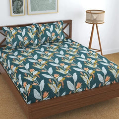 Cotton Elastic Fitted Bedsheets Queen Size With 2 Pillow Covers - 60 X 78 Inches, Green | Durable & Long Lasting, Skin Friendly, Premium Comfort Bedsheet