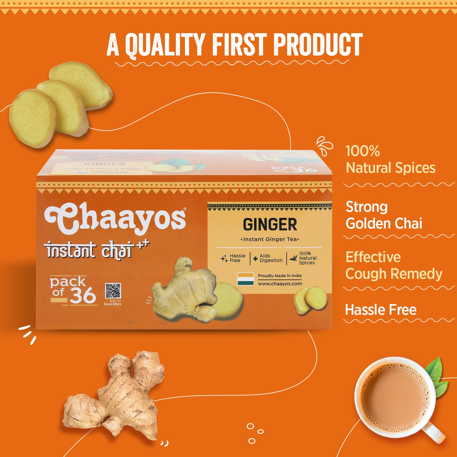 Chaayos Instant Premix Ginger Chai - 36 Sachets, 504gm, 17.7 Ounce | Instant Adrak Assam Tea - Regular Sugar, Hassle Free | Strong Golden Chai Chaayos Instant Premix Ginger Chai - 36 Sachets, 504gm, 17.7 Ounce | Instant Adrak Assam Tea - Regular Sugar, Hassle Free | Strong Golden Chai