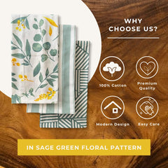 Oak & Lily 100% Cotton Kitchen Napkins Dish Towels 350 Gsm | Premium European Quality Washable, Large Size Kitchen Cloth For Roti, Cleaning, Drying | Sage Green (Set Of 3)