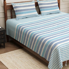 210 TC Double Bedsheet With Two Pillow Cover - Queen Size 90 X 100 Inches, White & Blue | Handloom Cotton Bedsheets For Double Bed | All Season Comfort
