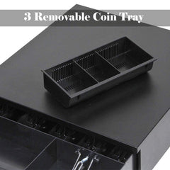Cash Box Metal Cash Register Drawer 3 Coin Money Storage Box Tray With Removable Coin Tray & Key - Lock Cash Drawer For Shop, Colour - Black, Material - Metal
