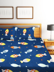 Elastic Fitted Kids Fishes Double Bedsheet 2 King Size Pillow Covers, Navy Blue (90x92 Inches) | Lightweight, Soft & Breathable - Perfect For Gifting Bedsheet