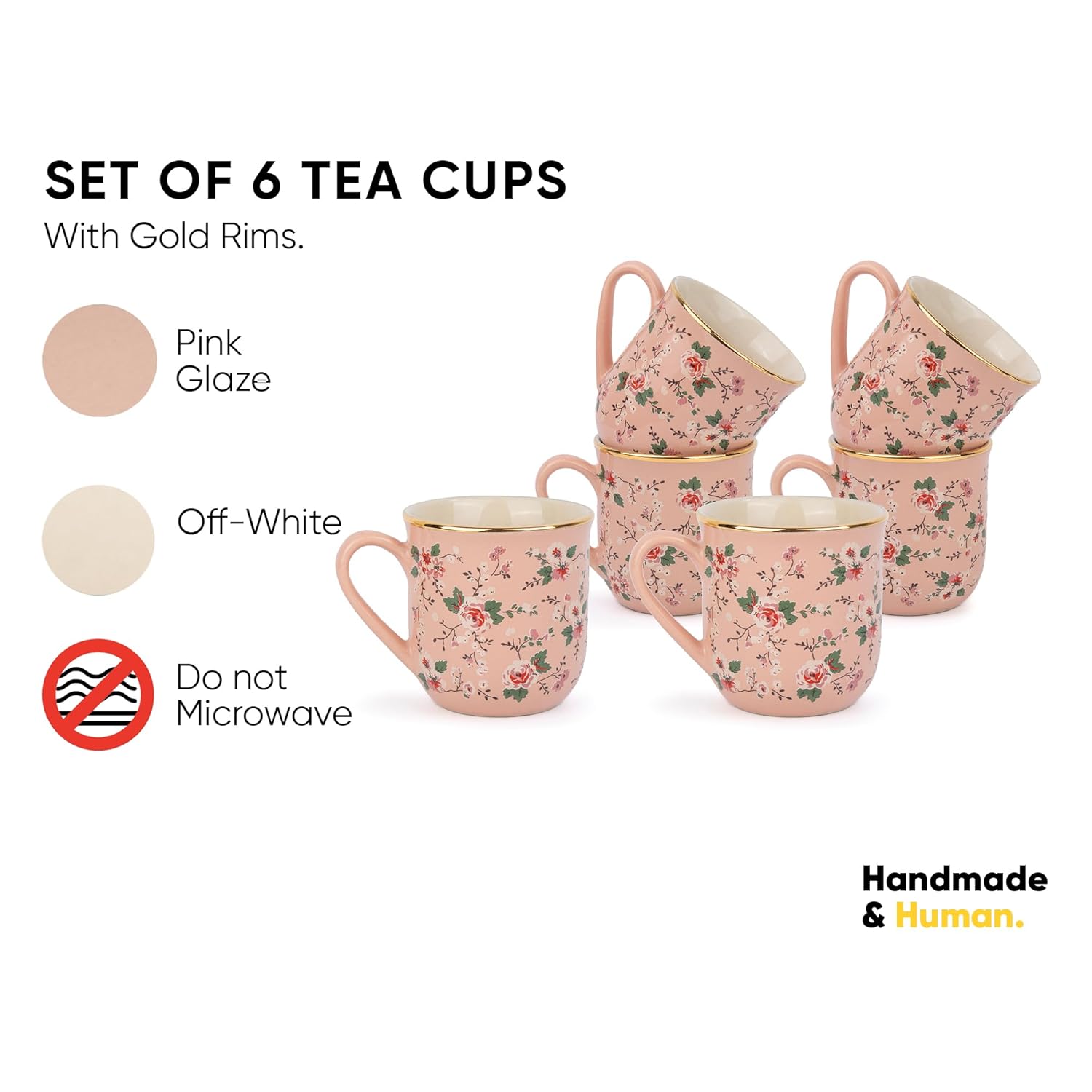 Ceramic Floral Tea Cups Set Of 6 - Pink Floral, 180ml Each | Tea Cup Set Of 6 - Premium Stoneware Tea Set | Ceramic Tea Cup With Glossy Finish - Small Cups For Tea | Microwave Safe & Dishwasher Safe Ceramic Floral Tea Cups Set Of 6 - Pink Floral, 180ml Each | Tea Cup Set Of 6 - Premium Stoneware Tea Set | Ceramic Tea Cup With Glossy Finish - Small Cups For Tea | Microwave Safe & Dishwasher Safe