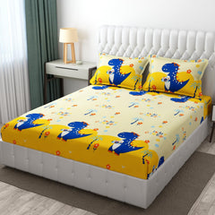 Wrinkle Free Soft Kids Double Bedsheets For King Size With 2 Pillow Cover | 90 X 95 Inches, Cream & Yellow | Cartoon Printed Design | Child Bedroom Decor