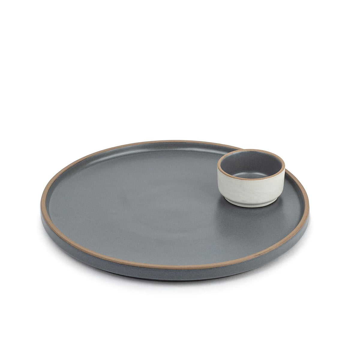 Large Round Ceramic Serving Platter, Grey - 1 Platter + 1 Dip Bowl, 75ml Japandi Series | Big Serving Plate Set With Matte Finish - Platters Serving Set | Ceramic Round Platter - Microwave Safe