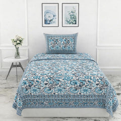 Soft Cotton Single Size Bedsheet With 1 Pillow Cover - 60 X 90 Inches, Sky Blue & Grey | Durable For Everyday Use - All Season Comfort