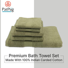 Patpug 100% Indian Cotton Plush Towel Set 1200 Gsm | Highly Absorbent, Fade Resistant, Quick Drying (Olive Green) - 5 Piece