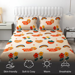 Wrinkle Free Soft Kids Double Bedsheets For King Size With 2 Pillow Cover | 90 X 95 Inches, Cream | Cartoon Printed Design | Child Bedroom Decor