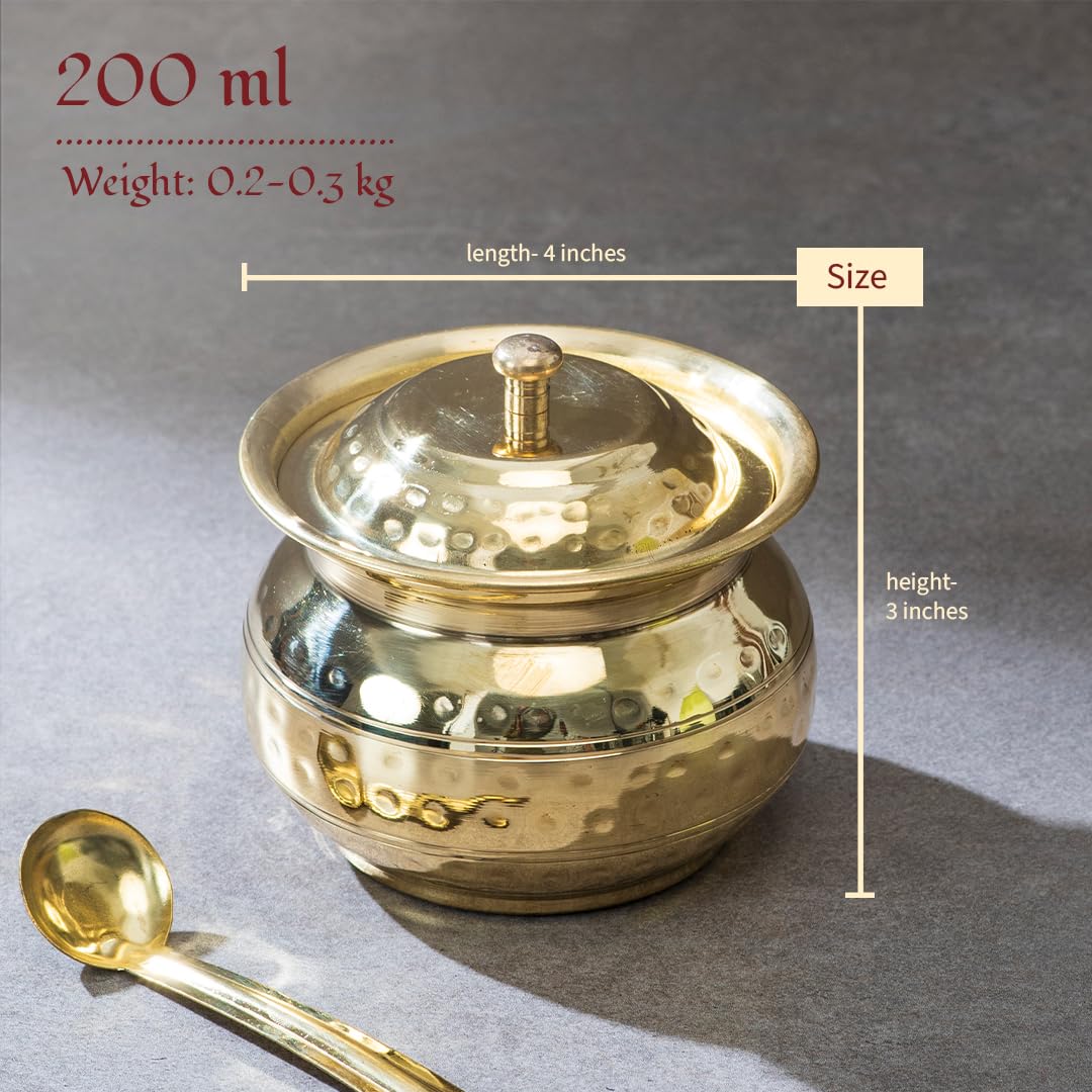 Golden Brass Ghee Pot, 250ml - Oil Storage Jar - Oil Pot With Spoon For Kitchen & Dining | 100% Pure Brass & Non-Toxic Golden Brass Ghee Pot, 250ml - Oil Storage Jar - Oil Pot With Spoon For Kitchen & Dining | 100% Pure Brass & Non-Toxic