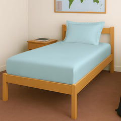 Elastic Fitted Bedsheets Single Bed With 1 Pillow Cover 40 X 78 Inches, Baby Blue | 400 Thread Count Long Staple Cotton Sateen