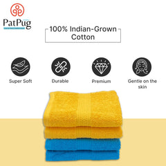 Patpug 100% Indian Ultra Soft Cotton Hand Towel 500 Gsm | For Gym, Workout, Yoga, Wash Basin (Turqoise Blue & Sunrise Yellow) -4 Piece