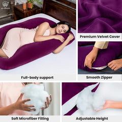 Full Body U Shape Pregnancy Pillow For Women, Maternity Pillow, Purple Color | Pillow Gift For Pregnancy Sleeping, Premium Velvet Cover With Zip | Adjustable & Washable, Relieves Pain