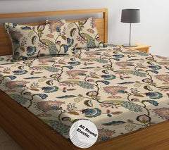 Glace Cotton Elastic Fitted Printed Double Bed King Size Bedsheet With 2 Pillow Cover | 72 X 72 Inches, Beige - Wrinkle Resistant, Breathable Bedsheet