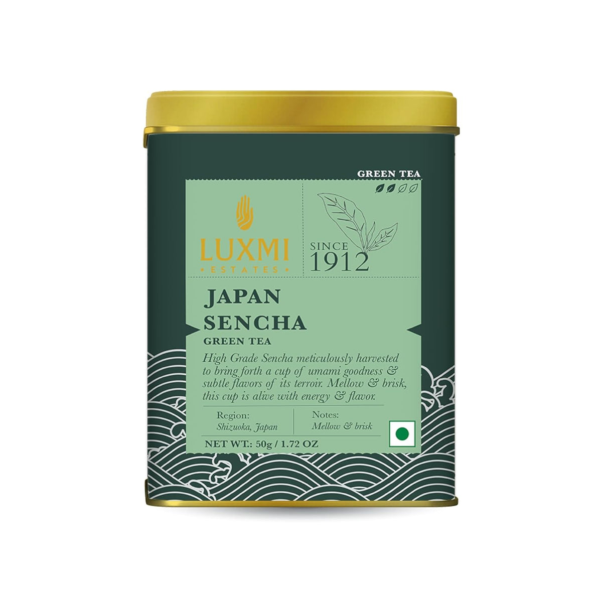 Luxmi Estates Japan Sencha Green Tea - 50gm, 1.7 Ounce | USDA Certified Organic Tea - Medium Caffeine Green Tea | Mild, Rich & Refreshing Premium Tea - Gluten Free, Additives Free