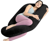 Full Body G Shape Pregnancy Pillow, For Pregnant Women & Nursing Mom, Black Color | Single Pillow For Multipurpose Use During Maternity | Premium Velvet Cover With Zip, Adjustable Pillow