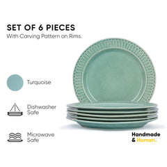 Ceramic Dinner Plates Set Of 6 Pieces, Light Mint Carving Series | Ceramic Plates Set - Glossy Finish Plate Set | Ceramic Dinner Plates - Set Of 6 Plates | Microwave Safe & Chip Resistant