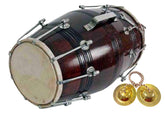 18 Inch Dholak With Free Manjira, Brown - Wooden Musical Instrument Dholak Drum Nuts & Bolt | Shiny Beautiful Brown Polish, Mango Wood Frame