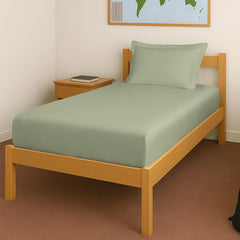 Elastic Fitted Bedsheets Single Bed With 1 Pillow Cover 40 X 78 Inches, Sage Green | 400 Thread Count Long Staple Cotton Sateen