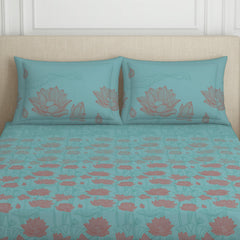 Double Bedsheet With 2 Pillow Covers (Size 88 X 100 Inch) Light Blue | Breathable Pure Cotton Queen Size Bedsheet | Floral Design Bedsheet