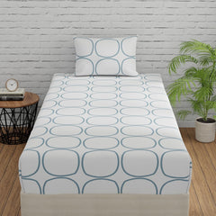 1 Fitted Single Bedsheet Cotton With 1 Pillow Cover - 36 X 78 Inches, White (Blue Circles) | Elegant Printed Bedding Set For Daily Use | 144 Thread Count