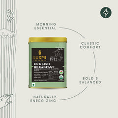 Luxmi Estates English Breakfast Black Tea Blend - 100gm Tin, 3.5 Ounce | USDA Organic Certified Tea - Darjeeling & Assam Tea | Smooth, Flavorful, Robust, Caffeinated Black Tea