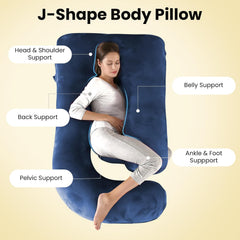 J Shape Full Body Pillow, Pregnancy Pillows For Sleeping, Dark Blue Color | Maternity Pillows For Back, Hips, Legs, Belly | For Pregnant Women With Removable, Washable Blue Velvet Cover