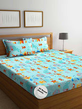 Cartoon Printed Double Bedsheet For Kids With 2 Pillow Cover - 72 X 78 X 10 Inches, Multicolor | Cotton Feel All Around Elastic Fitted King Size Double Bed