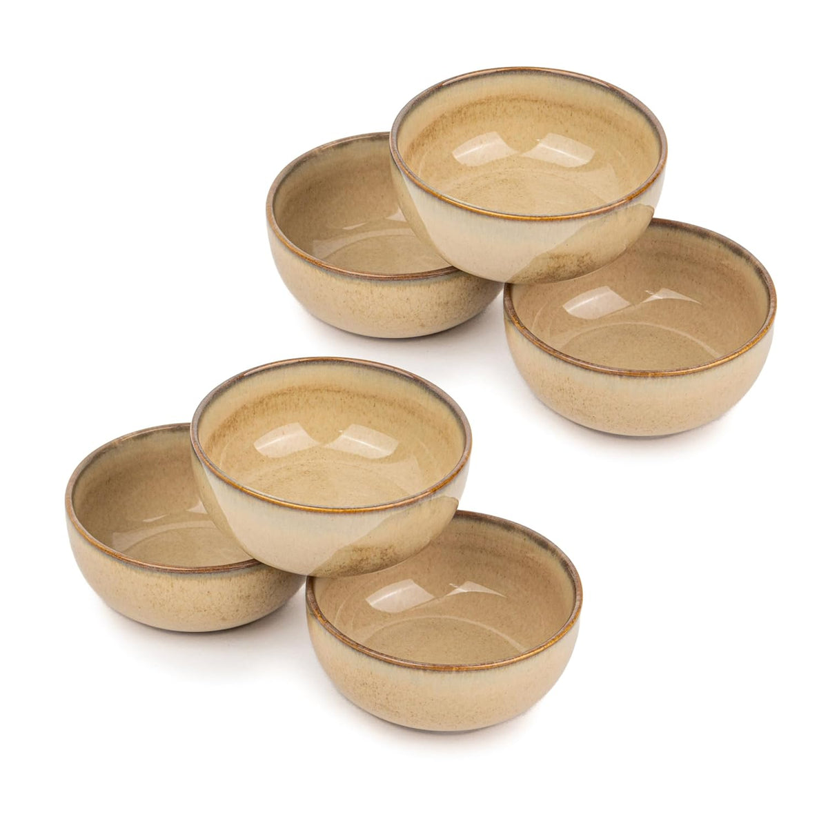 Ceramic Veg Bowls Set Of 6 For Dinner - 180ml Each, Beige Reactive | Katori Set With Glossy Finish - Porcelain Ceramic Bowls Set | Dessert Bowl Set