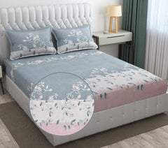 1 Elastic Fitted Bedsheet For King Size & 2 Pillow Covers - 78 X 72 Inches, Pink & Grey | Elegant Floral Print Design & Skin-Friendly