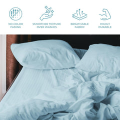 Stripe Cotton Fitted King Bedsheet With 2 Pillow Covers - 72x78 Inches, Sky Blue | 12"Deep Pocket-1 Elastic Fitted-Sateen Weave Premium Bedding Set For Double Bed