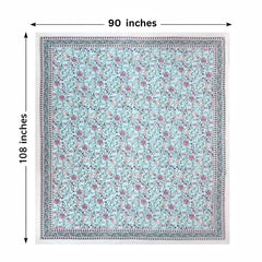 Hand Printed Double Bedsheet For King Size With 2 Pillow Covers | 90 X 108 Inches, Aqua & Pink | Ultra-Soft & Skin-Safe | Breathable Summer Comfort