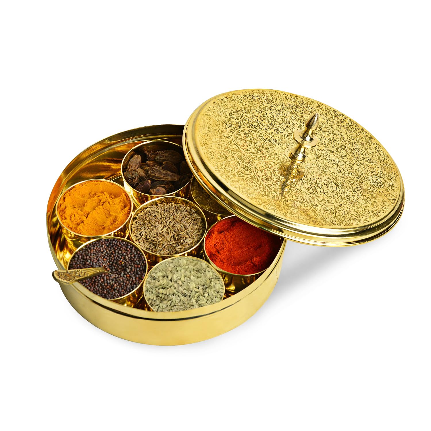 Premium Pure Brass Floral Etched Indian Spice Box For Kitchen With Spoon - 7 Containers, 80ml Each, Golden, Diameter - 7.2 Inches, Weight - 850gm | Peetal Masala Dani, Masala Dabba Premium Pure Brass Floral Etched Indian Spice Box For Kitchen With Spoon - 7 Containers, 80ml Each, Golden, Diameter - 7.2 Inches, Weight - 850gm | Peetal Masala Dani, Masala Dabba