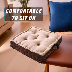 Square Chair Pad, Comfortable Seat Cushion, Soft Cotton Pillow For Seating, Beige & Brown | For Meditation, Yoga, Living Room | Furniture Cushion, Washable - 2 Piece Cotton Chair Pad