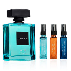 Upsilon Wild Blue Eau De Parfum 3.4 Fl.oz. With Combo Of 3x 0.2 Fl.oz. Long Lasting Pocket Perfumes | Travel Friendly Luxury Scent | Men's Perfume