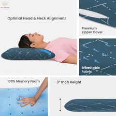 Cool Gel Memory Foam Pillow, Orthopedic Pillow For Sleeping, Thin Size - 3 Inch | Neck Pain Relief, Washable Blue Checks Cover | Removable Cover, Breathable, Pillow - Pack Of 1