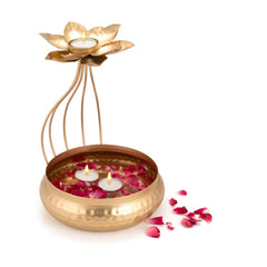 METAL LOTUS TEALIGHT CANDLE HOLDER WITH BASE URLI BOWL GOLD | PERFECT FOR GIFT